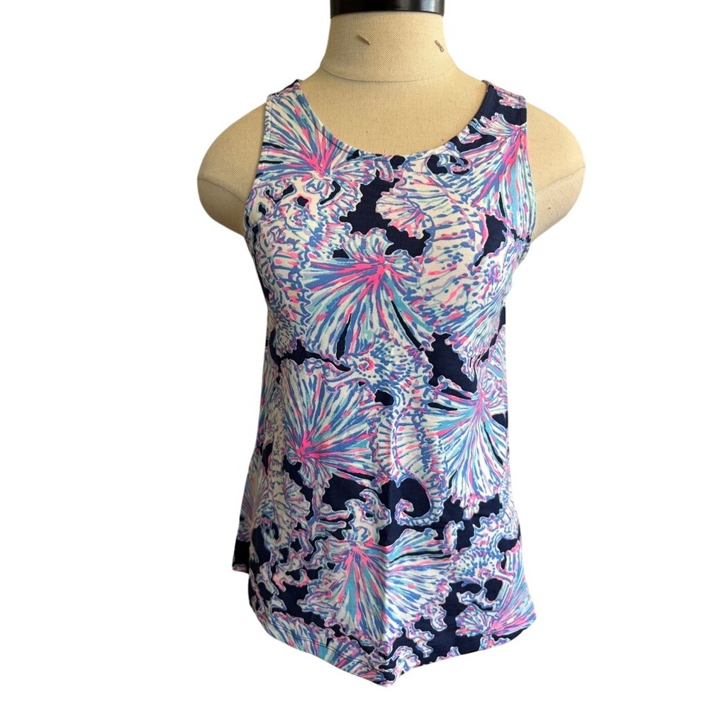 Lilly Pulitzer XXS Seahorse Print Tank Top Strappy Back Navy Pink Pima Cotton